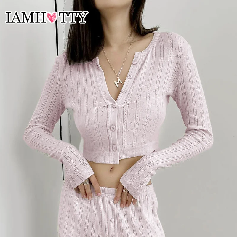 IAMHOTTY Y2K Jacquard Knitting Top Solid Color Slim-fitting Button-up Knitwear Autumn Spring Casual Basic T-shirts Cute Tees