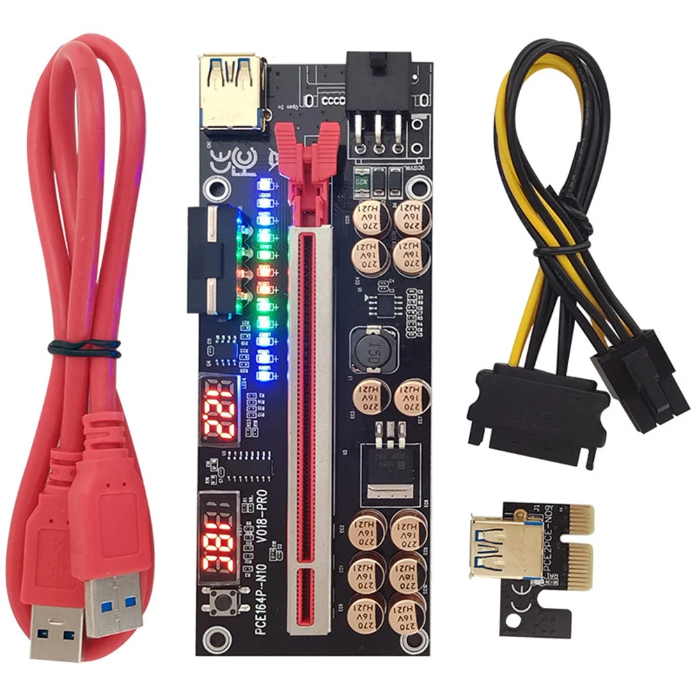 CMCN VER018 PRO PCI-E Riser Card USB 3.0 Кабель 018 PLUS PCI Express 1X–16X Удлинитель PCIe Адаптер для майнинга BTC (красный)