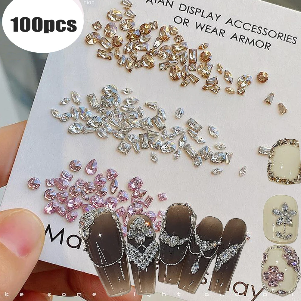 100pcs Sparkling Flat Bottom Zirconia Nail Rhinestones Champagne/Clear/Pink 1.5-4mm Mini Nail Gemstones Multi Shape Nail Diamond