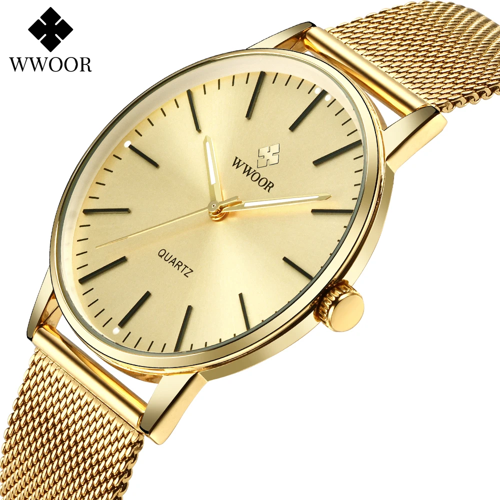 WWOOR Men Gold Watches 2023 Luxury Brand Men Fashion Quartz Golden Clock Male Simple Sports Waterproof Wrist Watch Zegarek Meski