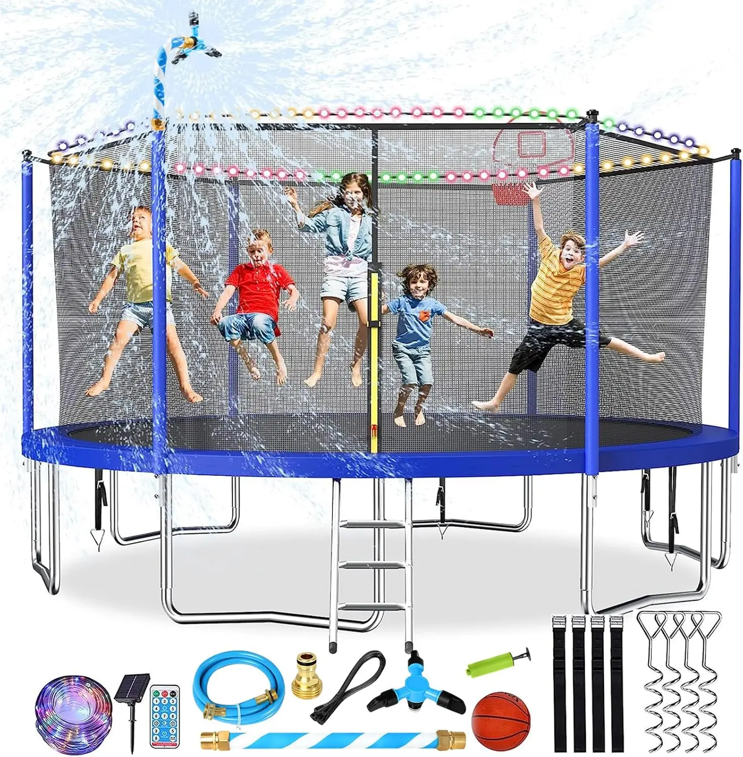 Outdoor, Large Kids Trampoline with Light, Stakes, Sprinkler