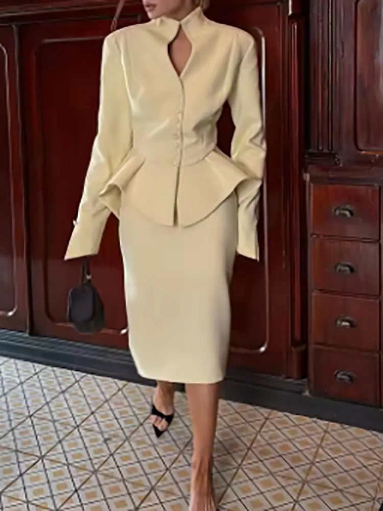 

New Women Casual Long Sleeved Office Set Fashion Solid Color Slim Fit Party Outfit Sexy V Neck Button Top and A-line Skirt Suit