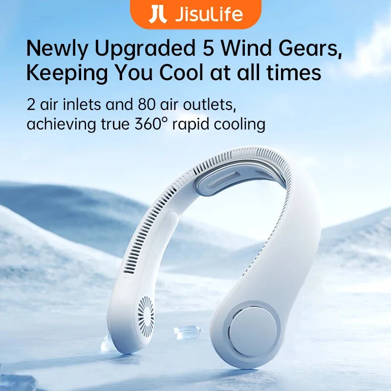 

JISULIFE Portable Neck Fan Upgraded, 5000mAh Battery, Necksupport, 5 Speeds Gears Adjustment, Outdoor Wearable Hands-Free Fan