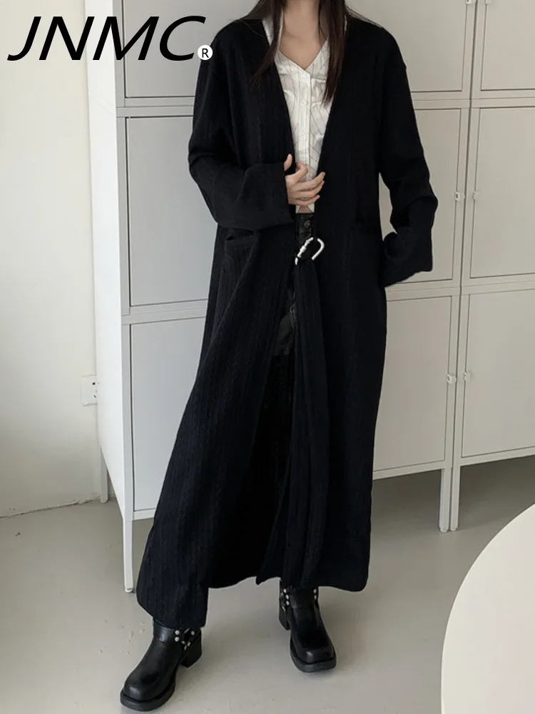 

JNMC Women's Black Autumn And Winter Long Knitwear Over The Knee Coat Lace Design Trench Coat Design Sense 2024