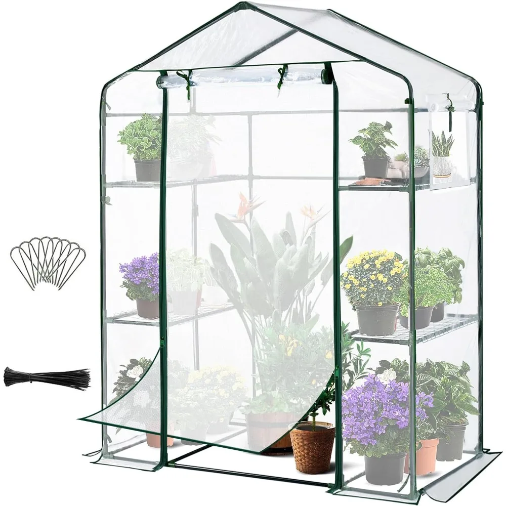 

Greenhouse for Outdoors with Screen Door, 3 Tiers 4 Shelves Mini Walk-in Portable Plant Garden Green House