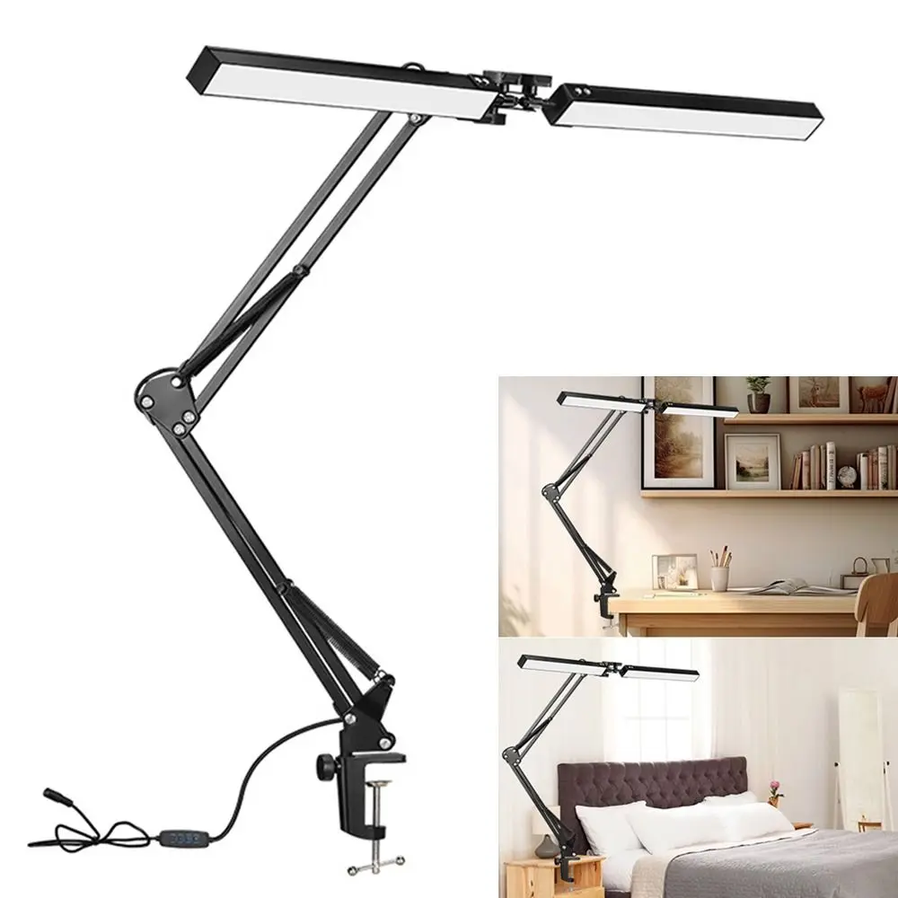 Ergonomic Rocker Arm LED Lamp Dimmable 3 Modes Folding Desk Light 360° Rotation Eye-Caring Double Head Lamp Office
