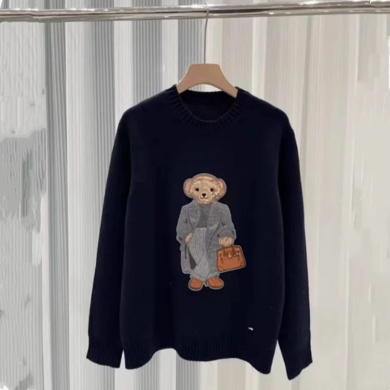 Rl Otoño/Invierno suéter de cachemira Unisex suéter de moda Casual suelto ajuste cuello redondo tejido Lauren Bear suéter de mujer 2024 nuevo