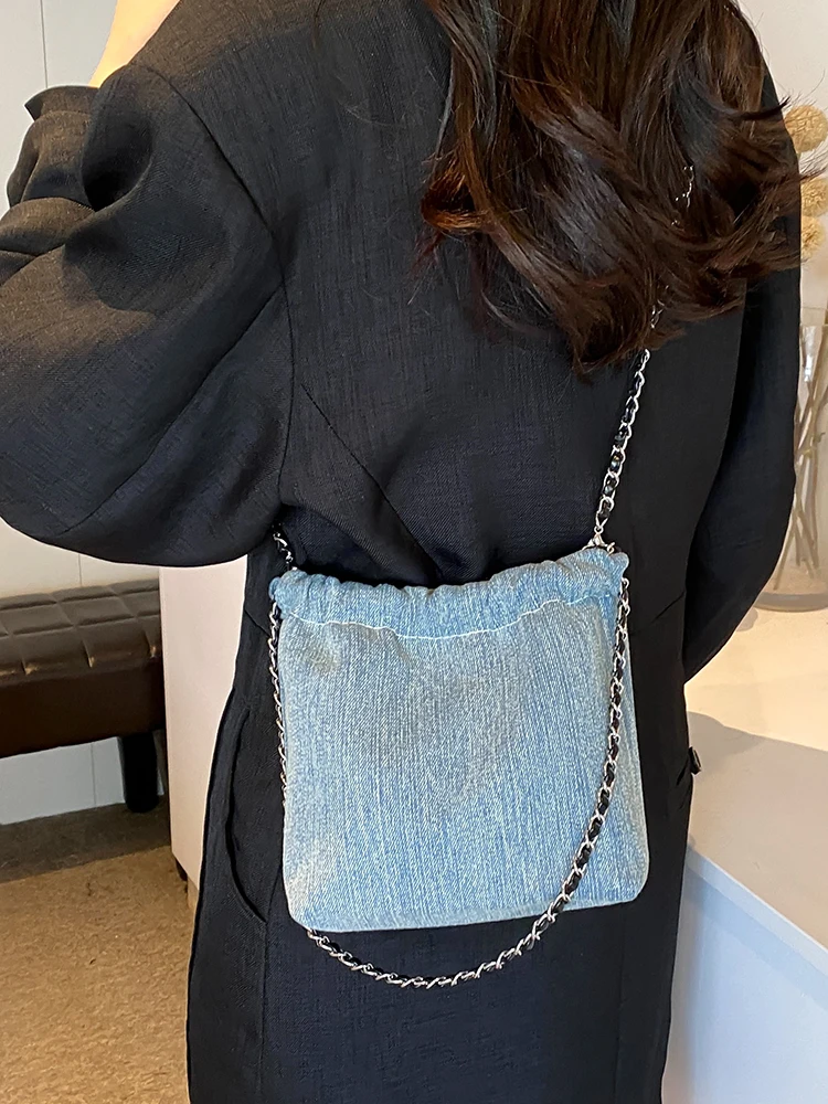 Denim Chain Bucket Bag Shoudler Crossbody Bag for Women Handbag and Purses 2024 New Trendy Lady‘s Messenger Clutches Bag