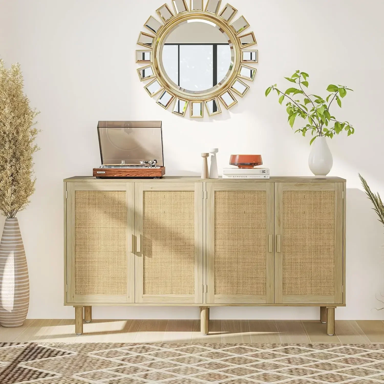 

"62" Boho Sideboard Buffet - Rattan Coffee Bar Cabinet w/ 4 Doors & Shelves for Kitchen Storage