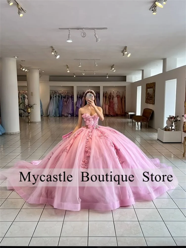 Robe de bal rose de luxe personnalisée, fleurs 3D, robes Quinnceanera, perles pailletées, robe de fête d'anniversaire pour filles, robe douce 16, 2025