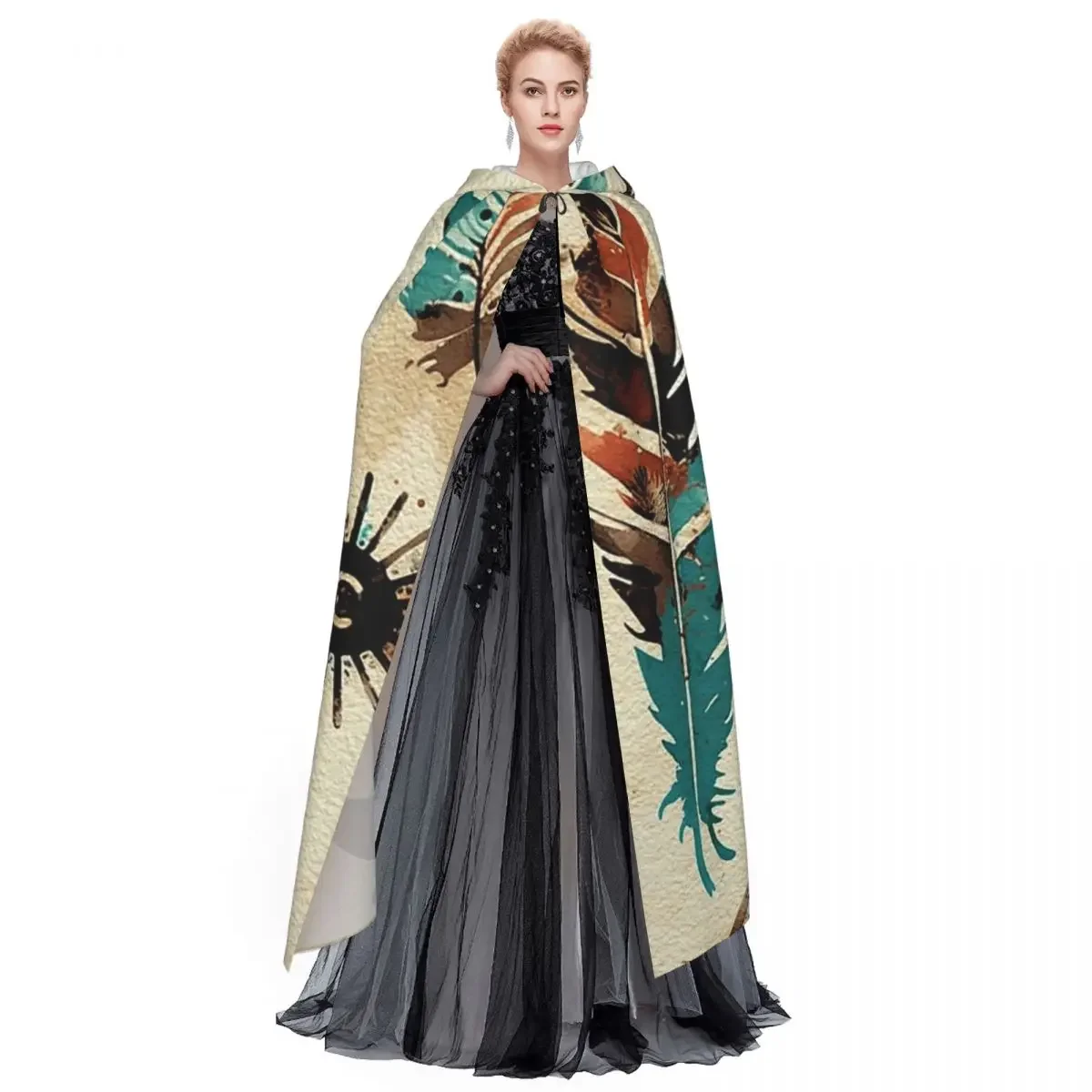 الأمريكية العرقية القبلية الفن المائية نمط طويل مقنعين عباءة الساحرة القرون الوسطى زي تأثيري كيب هالوين مصاص دماء الكبار #4