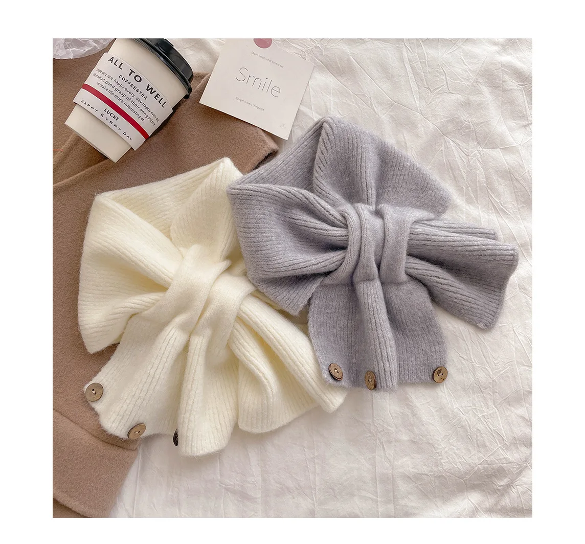 Écharpe tricotée croisée pour femme, écharpe courte, édition coréenne, couleur bloquée, couverture de cou chaude à boutons, automne et hiver