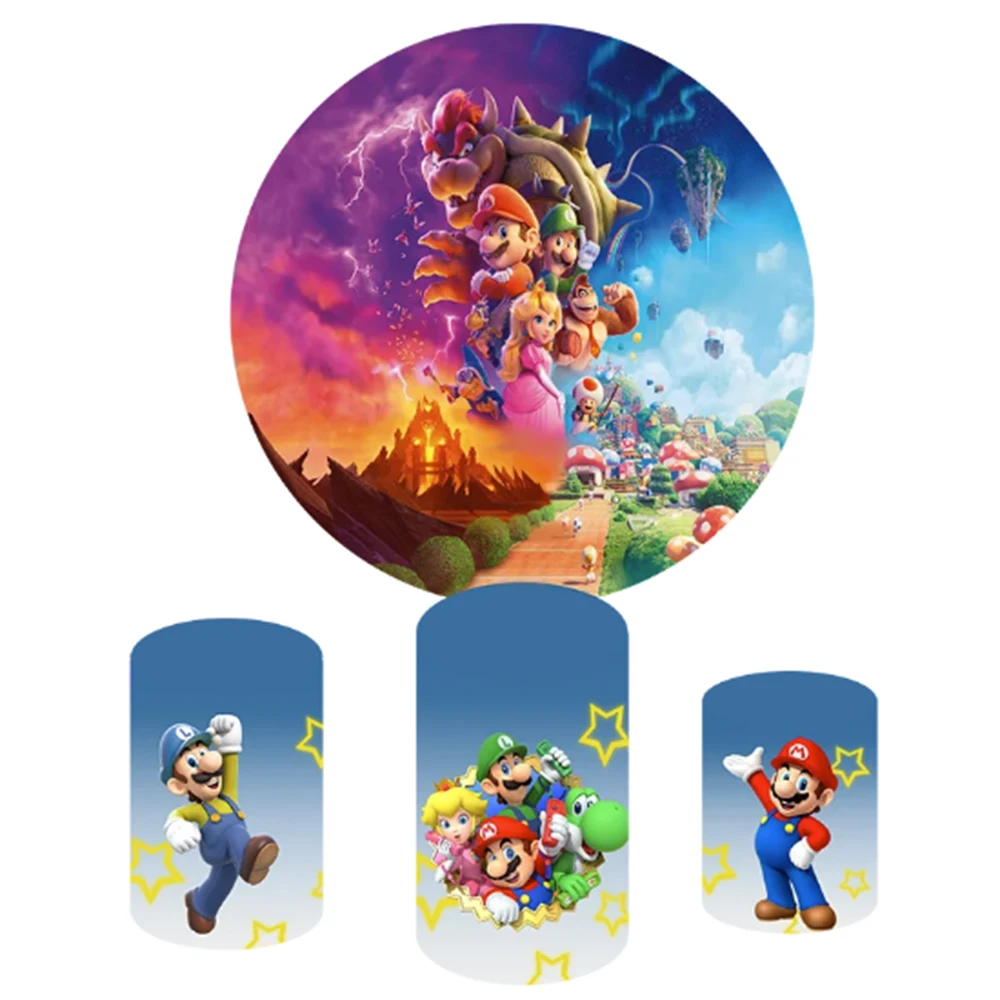 

Super Mario Bros Round Backdrop Photo Photography For Background Cylinder Covers Baby Shower Birthday Party Kids Props Supplies