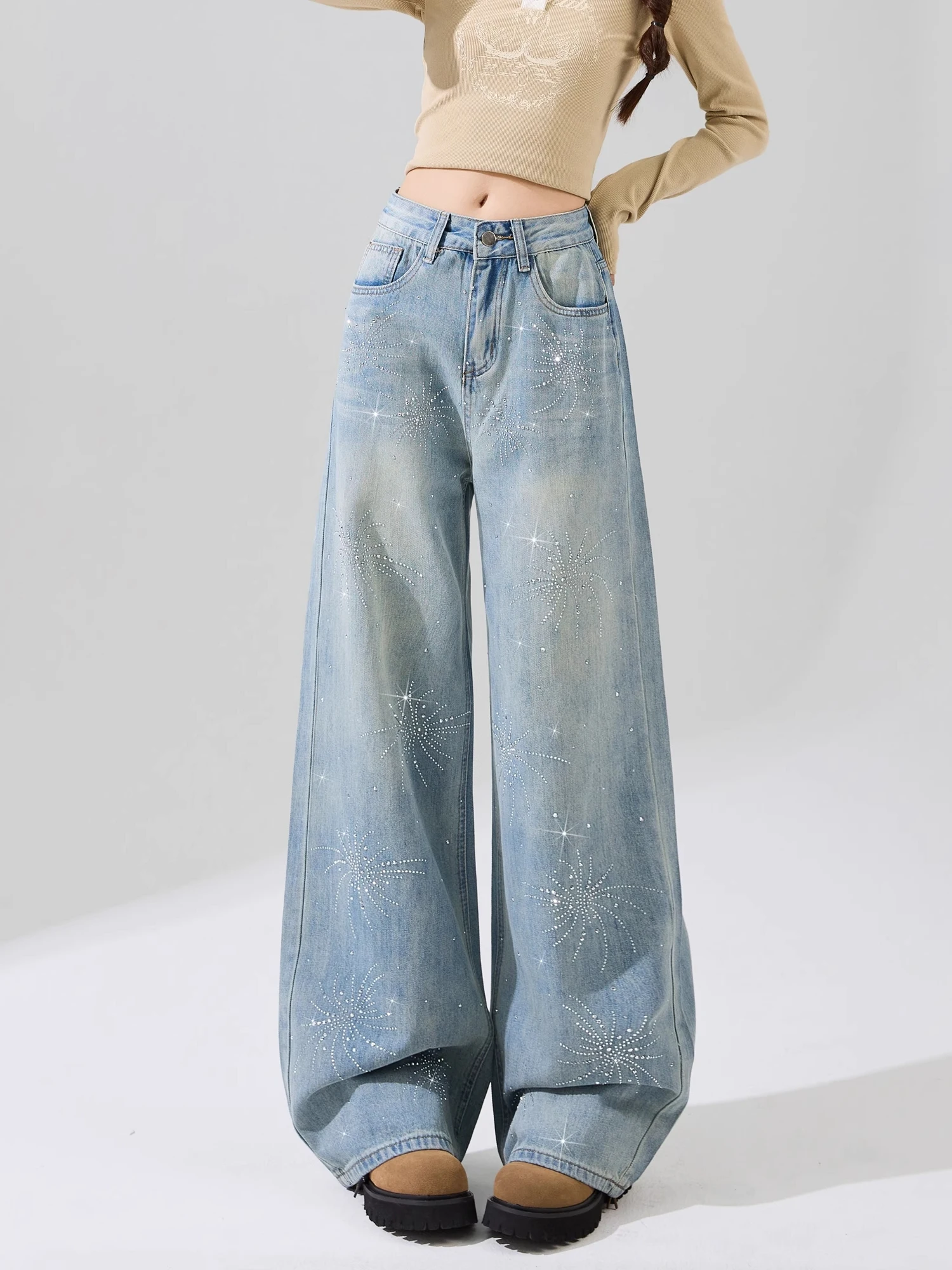 

Женские джинсы с высокой талией и широкими штанинами, весна-осень 2026, новые, стройнящие, скрывающие недостатки фигуры, свободные прямые длинные брюки