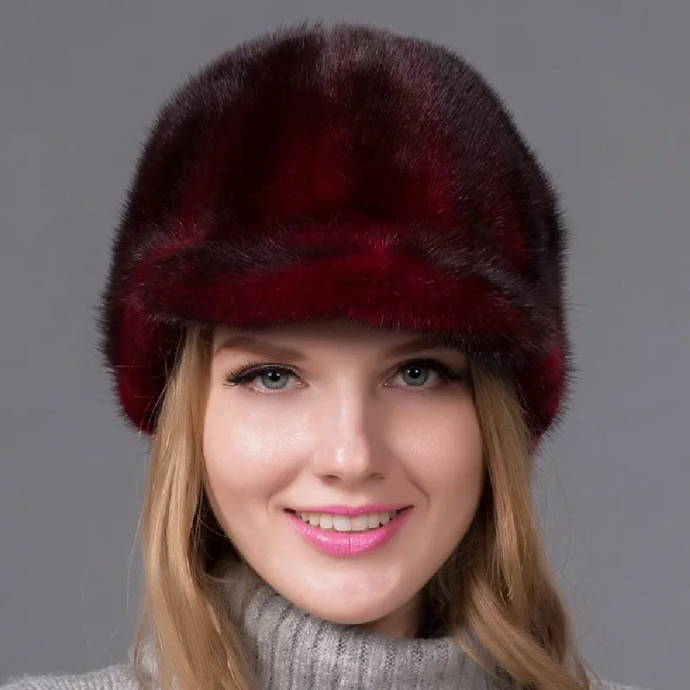 Women's Real Mink Fur Riding Hats Female Winter Warm Peaked Cap Earmuffs Headwear For Lady