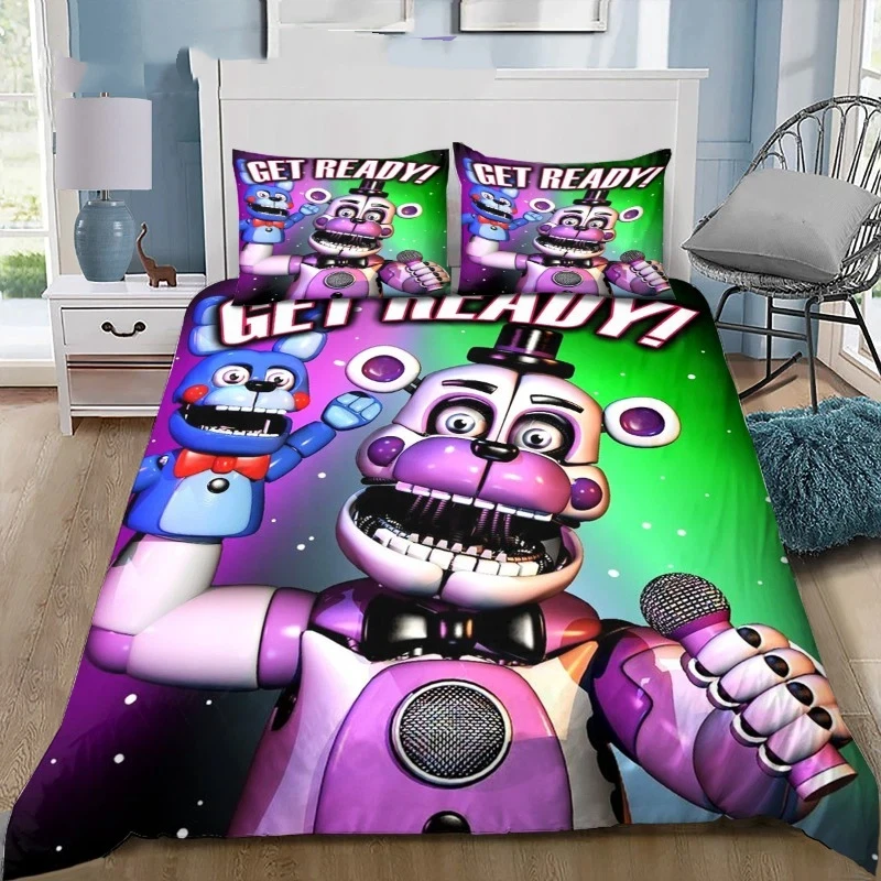 Juego de Ropa de Cama con Estampado de Freddy Bear de Fazbear's Pizza, Funda de Edredón y Fundas de Almohada de Oso de Dibujos Animados para Dormitorio, Sin Relleno