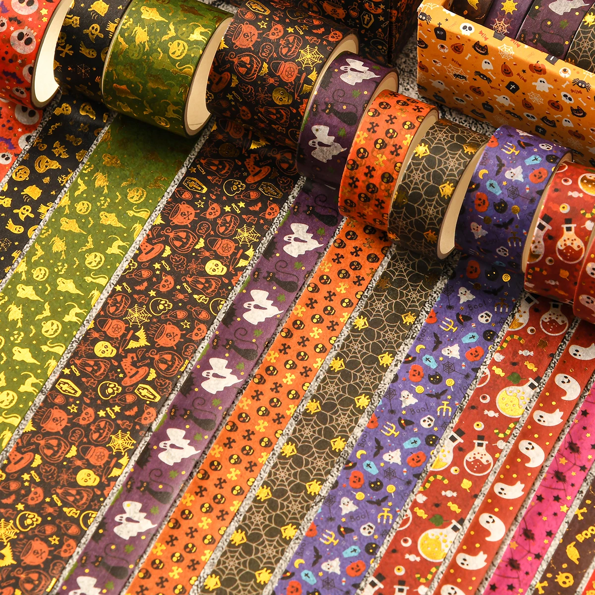 14ロール/箱、絶妙なハロウィーン柄の和紙テープ、独創的なブロンズ加工デザイン、ハロウィーンパーティーDIYデコレーション用