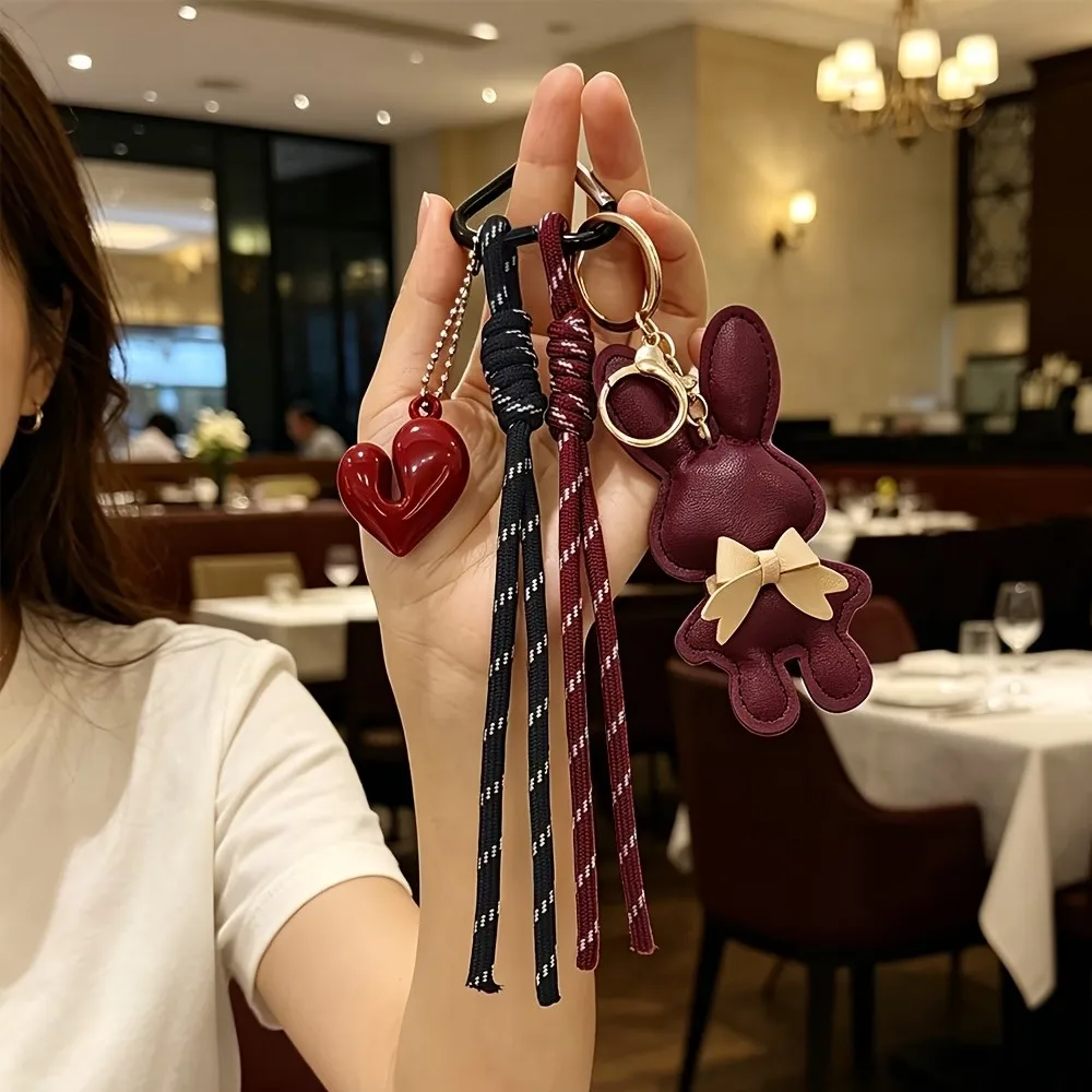 Creative PU Leather Bunny Keychain Solid Color Versatile Key Holders Bow Decoration Car Key Ring Bag Accessories