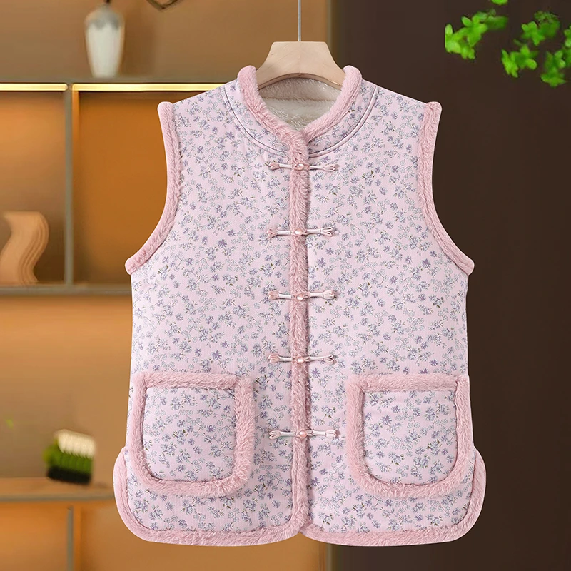 

plus Size Fce Lined Vest for ly Women Winter Outerwear Thiened Polyester Fiber Stand Collar Floral Print Warm Coat