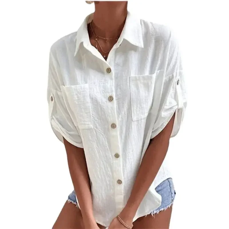 Simple Style Cotton Linen Lapel Single-breasted Cardigan Shirt Women Double Pockets Splice Blouse Female Summer Short Sleeve Top