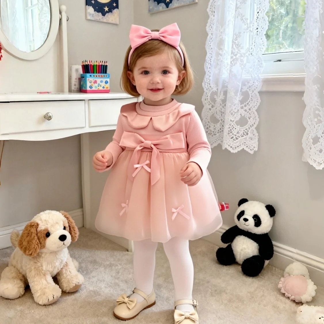 Autumn And Winter New Baby Girl Dress Sweet Bow Mesh Princess Dress, Party Dress Children'S Clothing (9 Months To 3 Years Old)