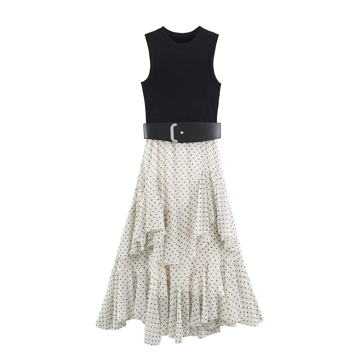 TFMLN Elegantes Damen-Patchwork-Asymmetrisches Kleid 2026 Modisches Ärmelloses A-Linien-Kleid mit Gürtel Vintage Damen-Partykleid – Detail 2