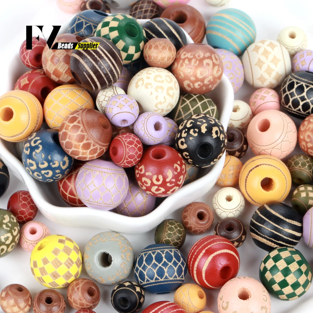 10/16mm 10pcs Wooden Round Beads Crafts Stripe Colored Wooden Beads For DIY Necklace Bracelet Ornaments Garland Home Decoration