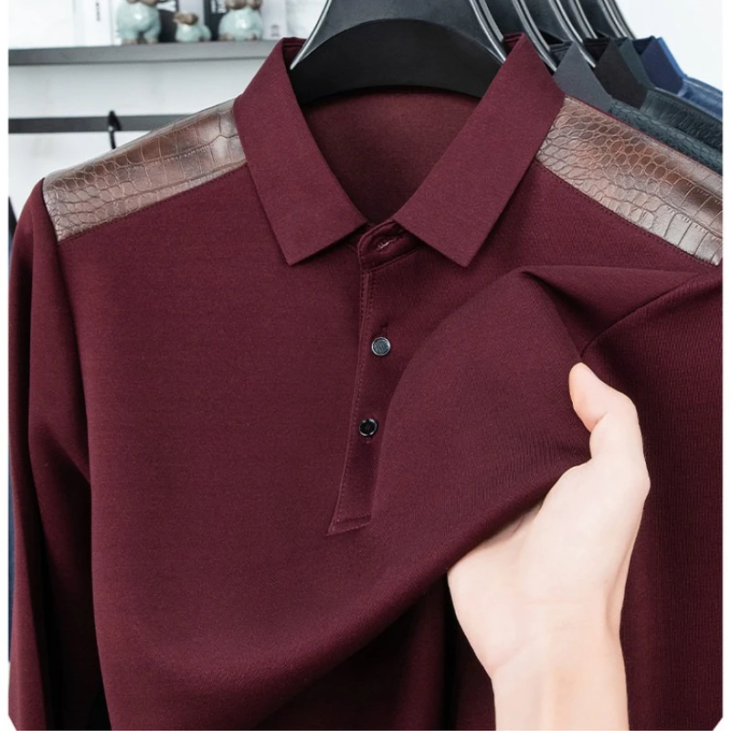 

Однотонная мужская деловая повседневная рубашка-поло, весенне-осенняя приталенная базовая футболка, эластичный топ из искусственной кожи в стиле пэчворк с плечами.