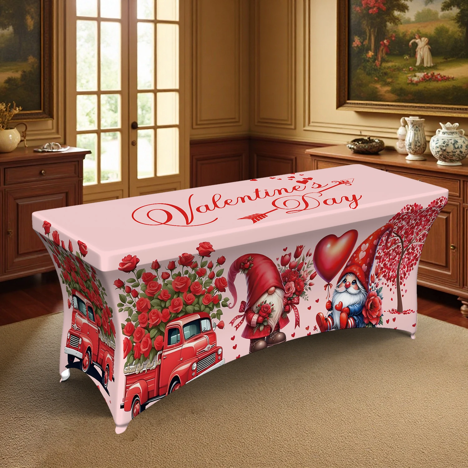1PC Valentine's Day Gnome & Rose Truck Printed Elastic Tablecloth, 4/6/8FT Summer Outdoor Stretchable Rectang