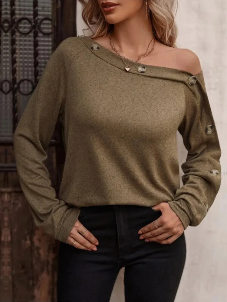 

Autumn Winter New Women's Clothing Solid Color Fashionable Button Sexy One Collar Off Shoulder Long Sleeved Top For Women