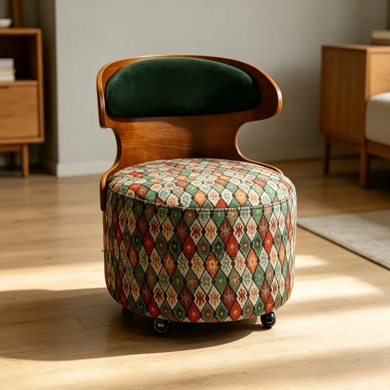 Retro Style Solid Wood Backrest 360 Degree Swivel Accent Chair，Printed Fabric Round Rolling Leisure Stool Home Furniture