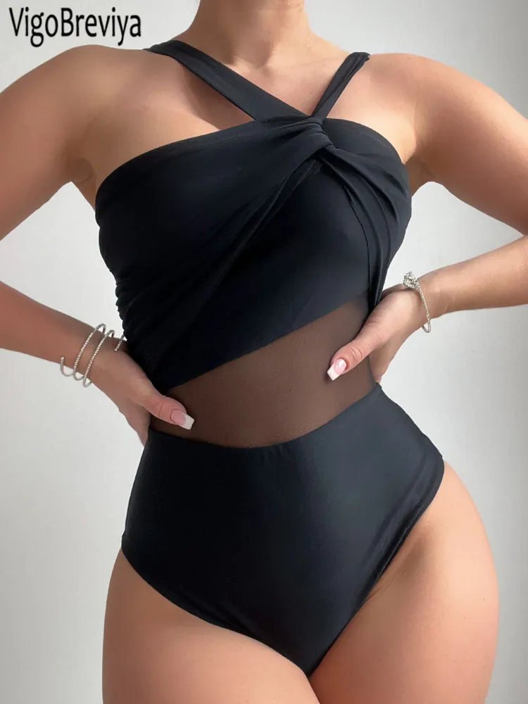 VigoBeviya 2025 Mesh Patchwork Swimwear Women Strapped Push UP One Piece Swimsuit Sexy Lady Monokini Backless Beach Bathing Suit