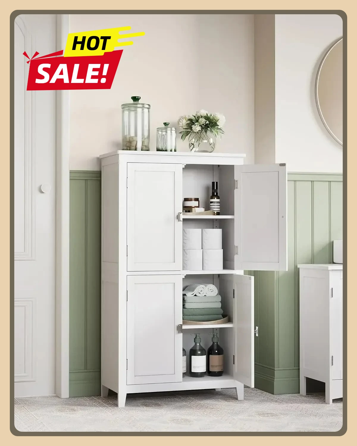 

Bathroom Floor Storage Cabinet, Bathroom Storage Unit, Freestanding Cabinet, Adjustable Shelves with 4 Doors