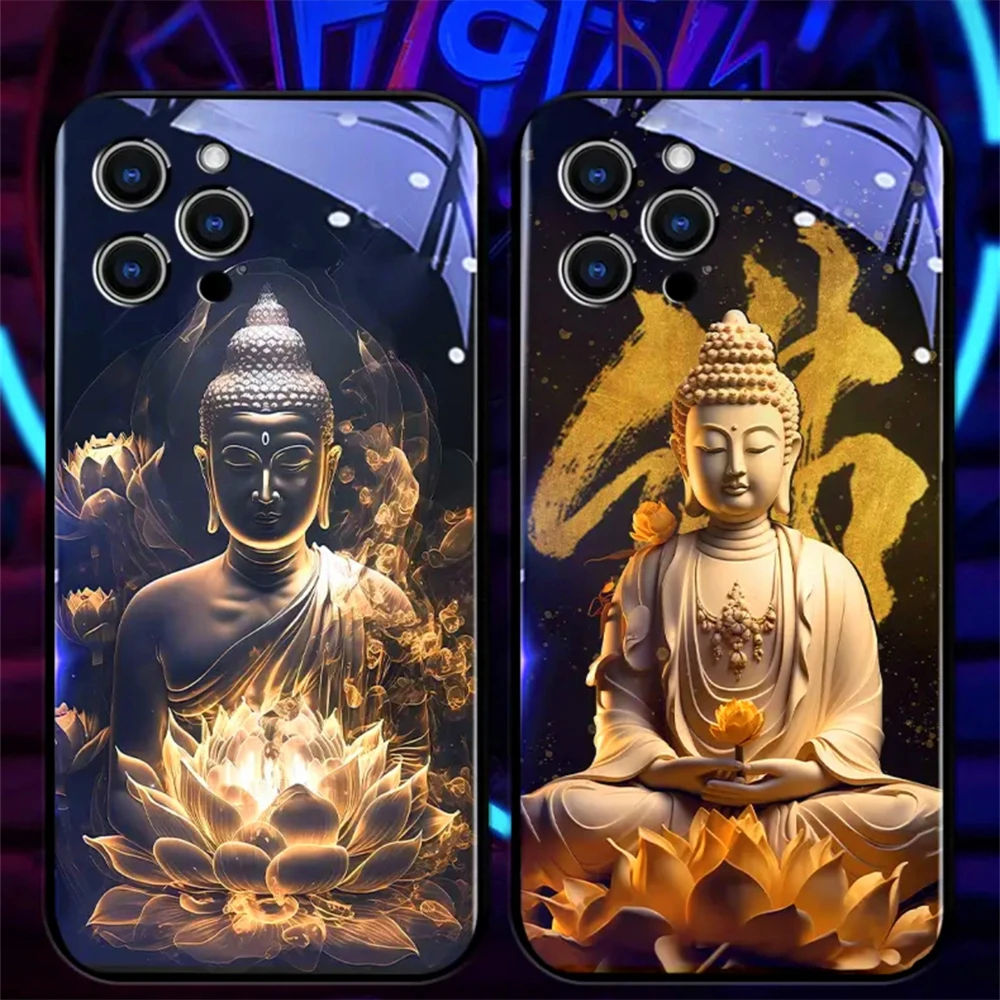 

Lotus Buddha Sound Control LED Flash Cases Luminous Glass Cover For Samsung S25 S24 S23 S22 S21 S20 FE Note 10 20 Plus Ultra