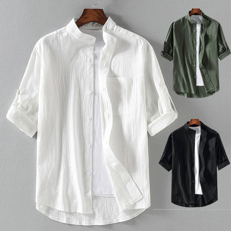 Loose Men Short Sleeve Summer Style Cotton Linen Stand Collar Five-Point Clothing Suitable Adults