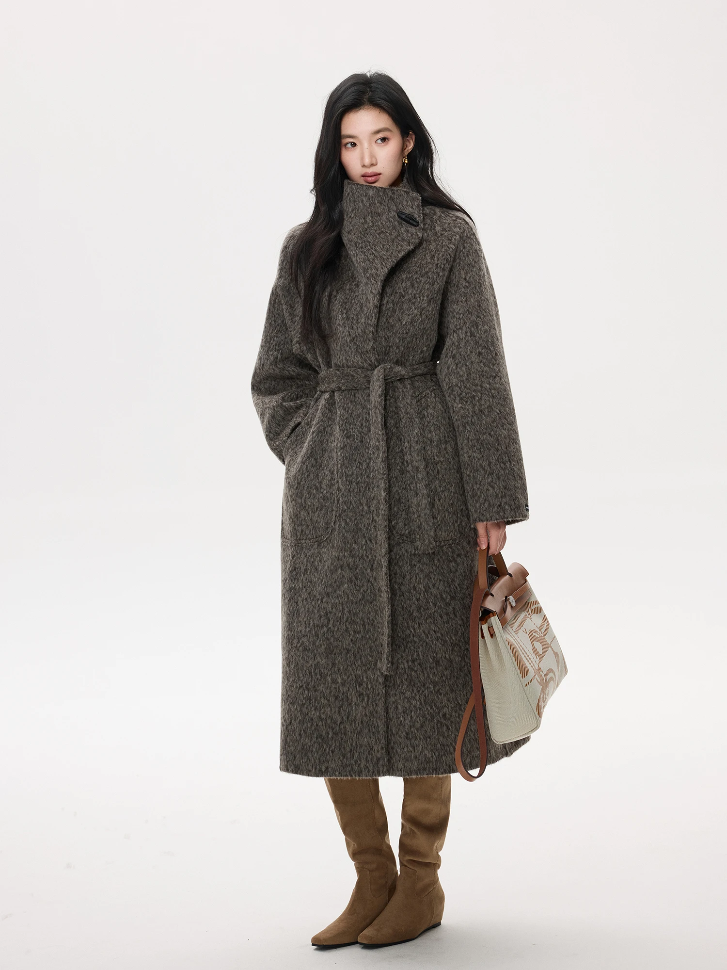 

Зимнее длинное шерстяное пальто Ele из двустороннего твида с пуговицами и воротником-стойкой, молодежная женская модная верхняя одежда, товар для электронной коммерции