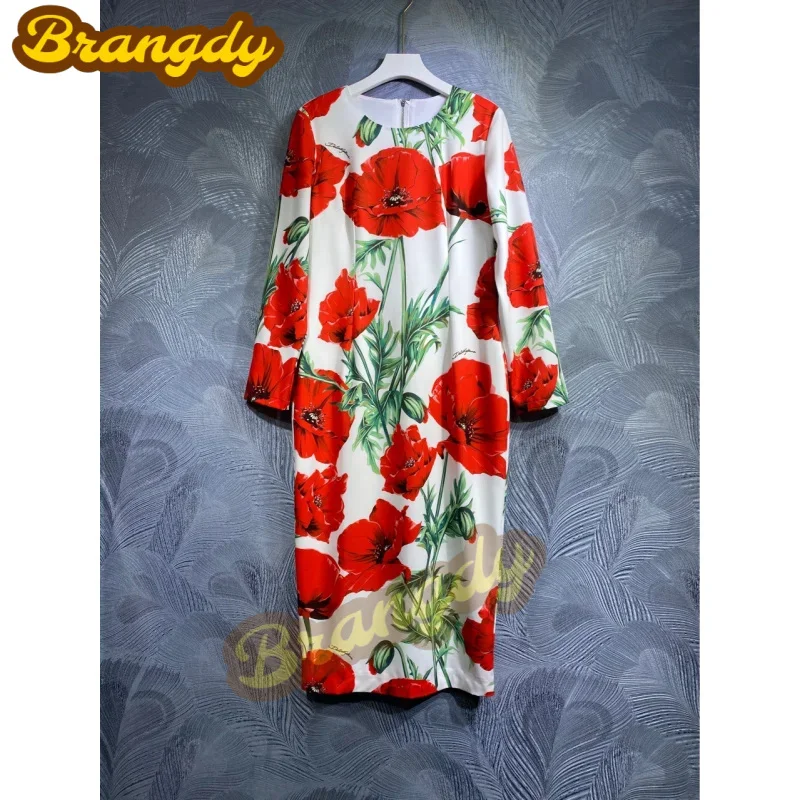 

Brangdy Luxury 2023 Spring New round Neck Print Long Sleeves Dress