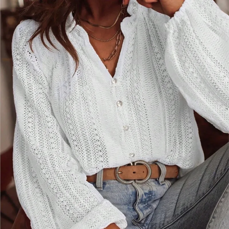 

2025 Spring Autumn Fashion Hollow Lace Loose Shirt Tops Women's Casual V-neck Long Sleeve Buttons Blouses Office Ladies Tops