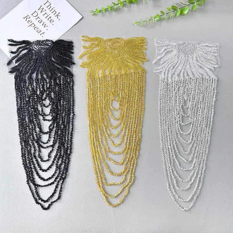 1Pcs Beaded Wedding Dress Shoulder Patches Vintage Heavy Embroidery Tassel Three-Dimensional Crystal Pendant