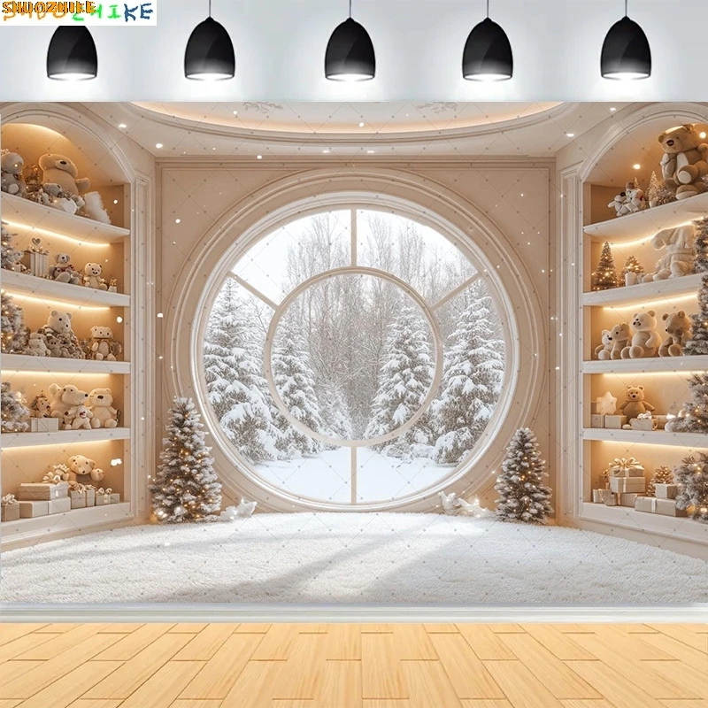 

Christmas Day Pine Tree Bell Wreath Photography Backdrops Indoor Arch Fireplace Winter New Year Family Portrait Background CT-09