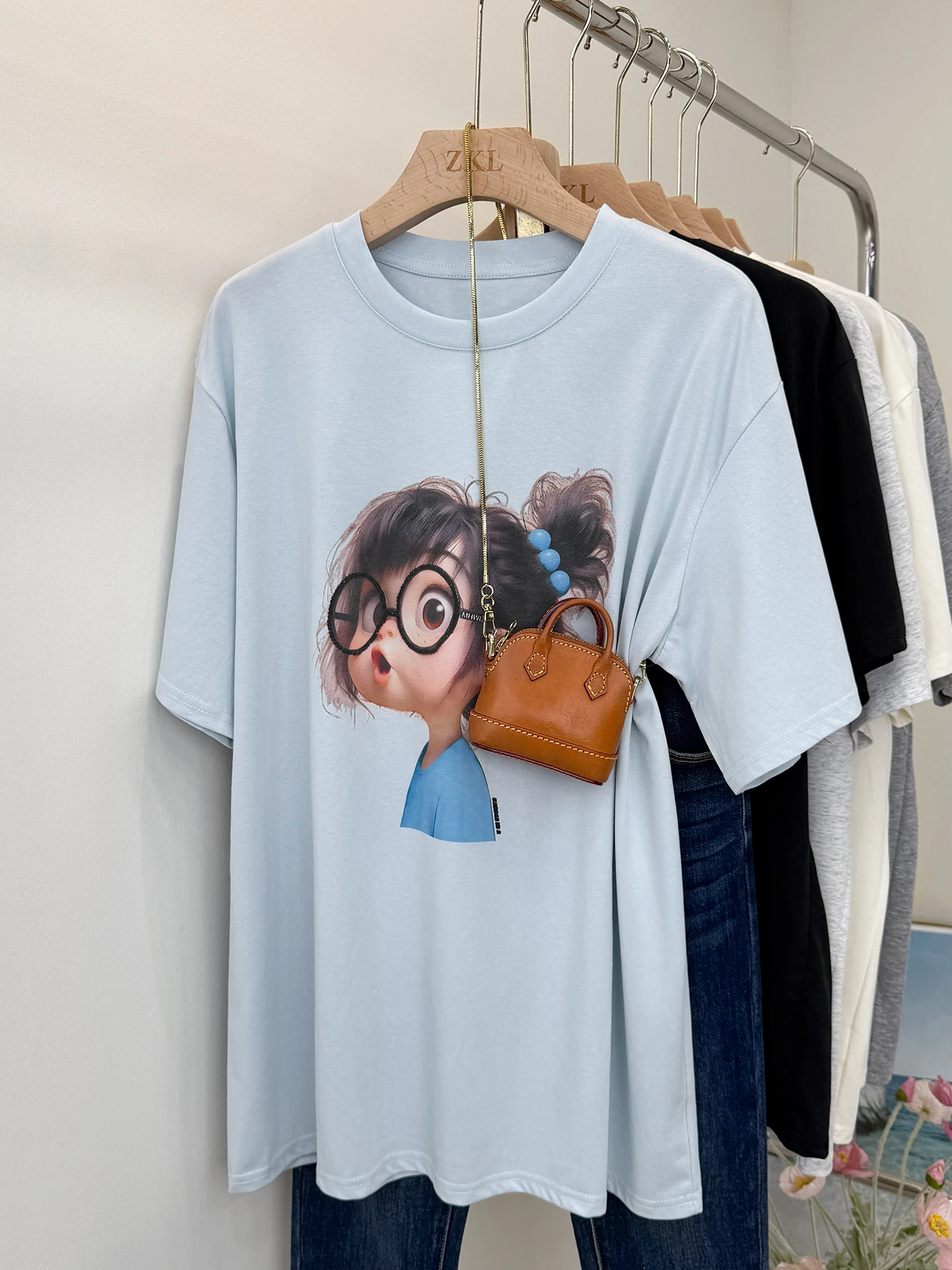 Premium Feeling ort Sve T-irt with ark Pants Mid-Length Cotton round Ne Base irt for Girls Creative Print Commut...