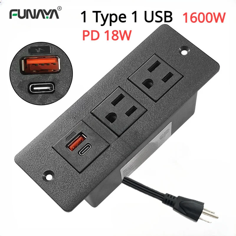 

US Table Power Sockets with 1 USB 1 Type-C PD QC 18W 5V 3.1A AC110V 220V Black Hidden Embed 15A 2 Outlet 4000W Furniture Socket