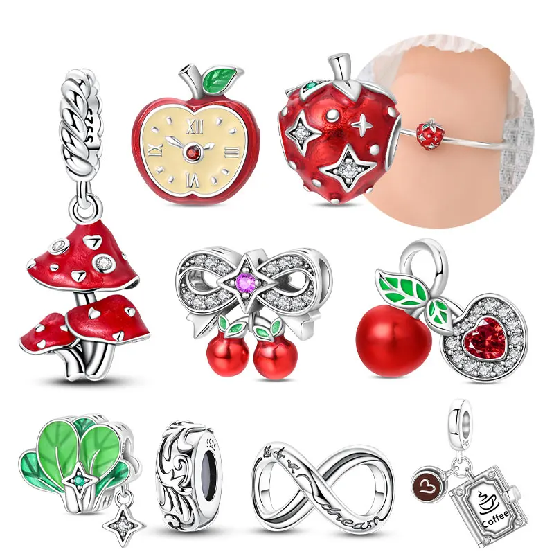 Silver Plated Apple Clock Mushroom Bow Cherry Charms DIY Beads for Bracelets Bags Keychains Women's Gift Fashion Accessory
