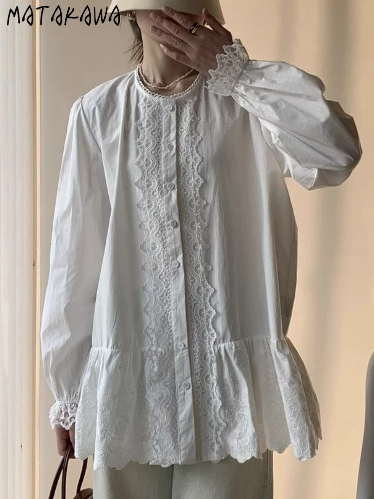 

Matakawa Women Shirts&blouses Lace Ruffles Embroidered Spring Autumn Vintage Blusas Mujer Korean Fashion Elegant Camisas