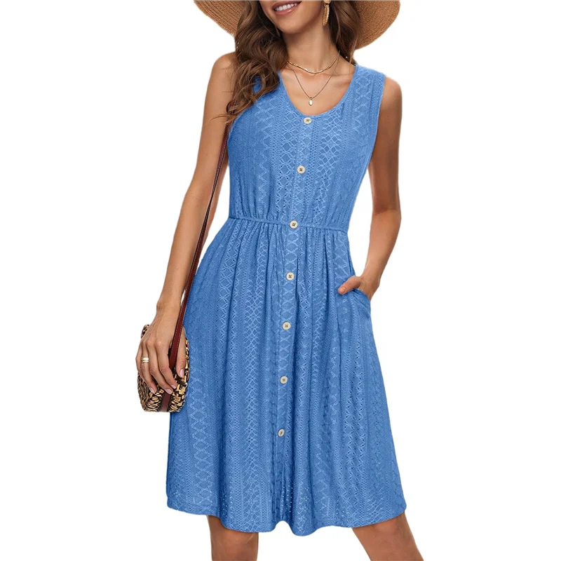 CYL-Damen ärmelloses Sommerkleid, Sommer, lässig, Öse, Knopfleiste, kurzes Kleid, fließendes Strand-Tank-Minikleid mit Tasche