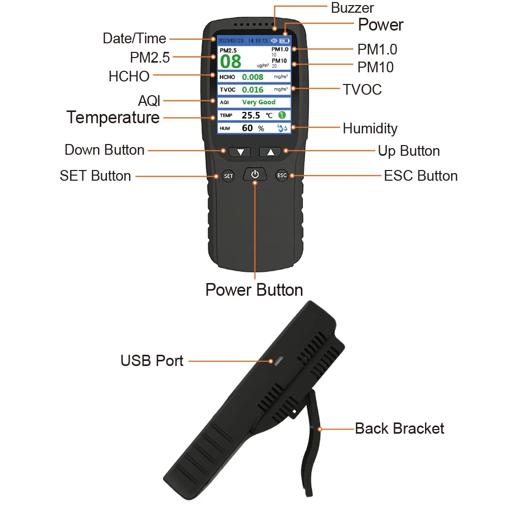 Handheld Air Quality Detector New Version PM2.5 Monitor Gas Analyzer PM2.5+ HCHO+TVOC+ AQI+PM1.0+PM10 +TEMP