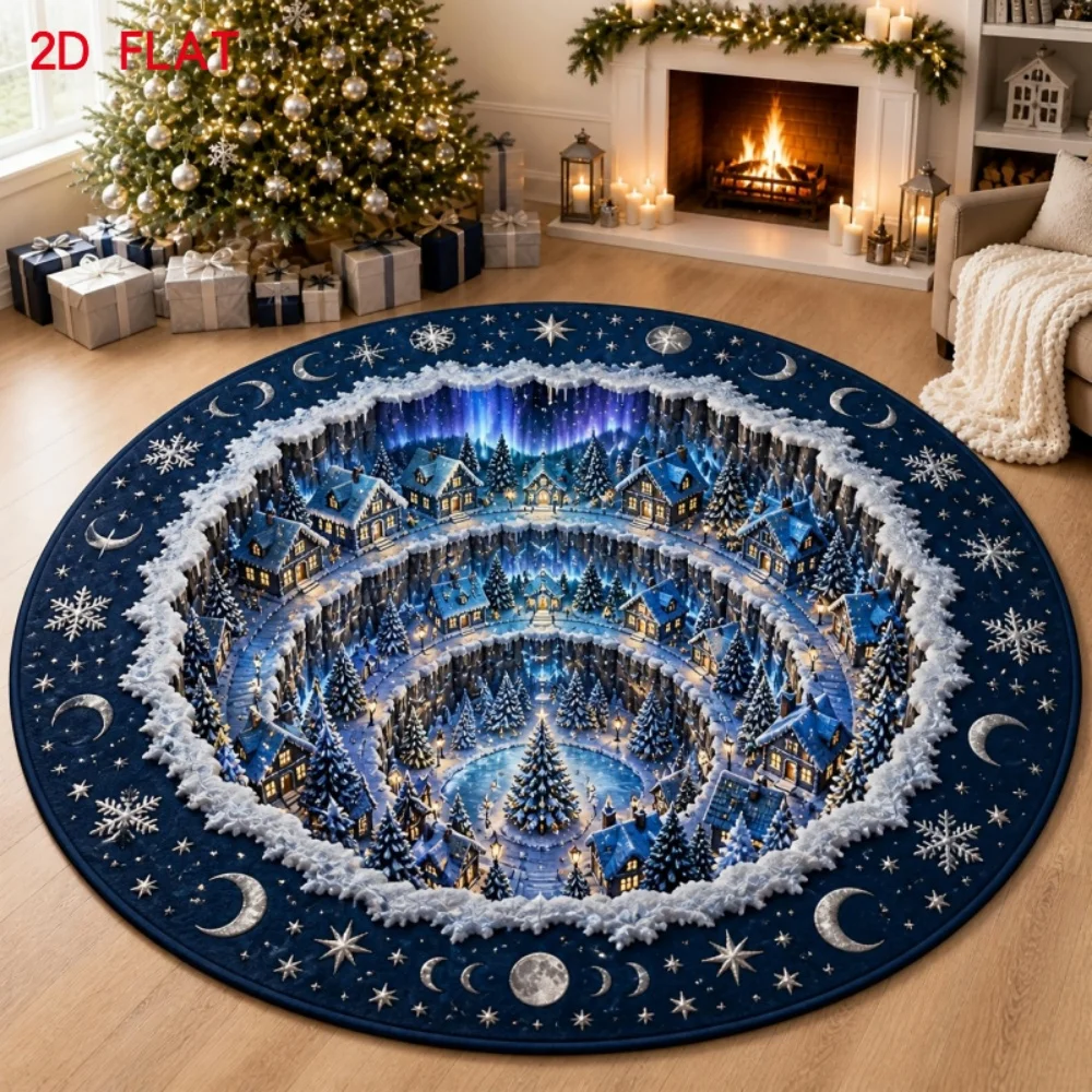 Chimney Christmas Round Rug Santa Climbing Snow Village Velvet Soft Non Slip Washable Carpet for Living Room Bedroom Corridor