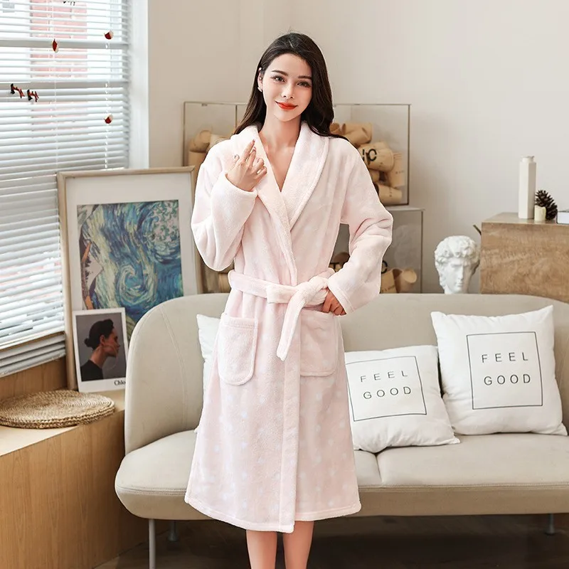 Winter Long Bathrobe Women Fluffy Warm Ladies Bath Robe With Sashes Soft Kimono Dressing Gown Pink Comfortable Sleepwear Female