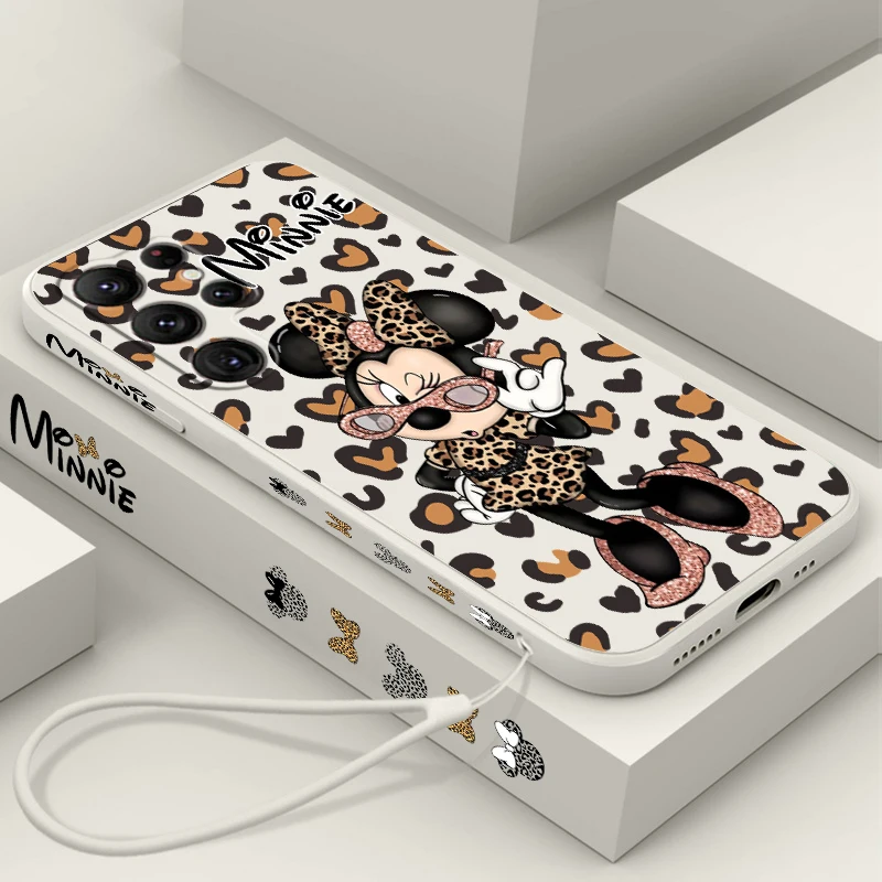 

Minnie Sexy Leopard Print Liquid Left Rope For Samsung Galaxy S24 S23 S22 S21 S20 FE S10 Ultra Plus Lite 5G Back Phone Case