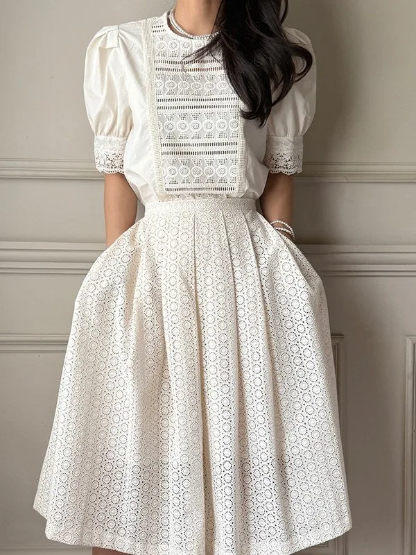 

Women's Hollow out Hook Flower Bubble Sve irt Vintage High Waist Pleated Skirt f Body Summer New Sle Court Sle
